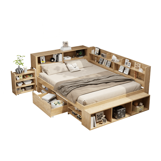 Cama infantil 140x200 cm - multifuncional com mesinha, gavetas, prateleiras e arrumação - Natural