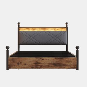 Cama multifuncional 140x190 - com arrumação, dossel de ferro, LED, portas USBType-C, 3 gavetas - preta