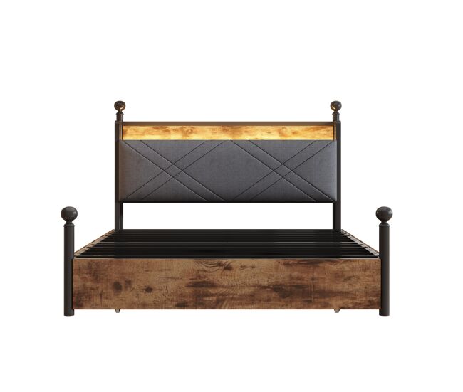Cama multifuncional 140x190 - con almacenamiento, dosel de hierro, led, puertos usb/type-c, 3 cajones - negra