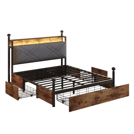 Cama multifuncional 140x190 - com arrumação, dossel de ferro, LED, portas USBType-C, 3 gavetas - preta