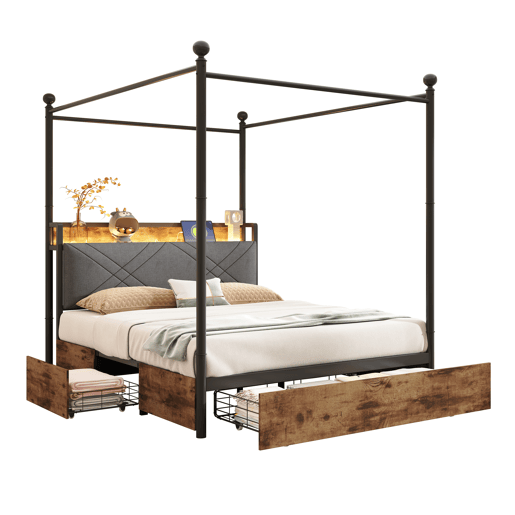 Cama multifuncional 140x190 - com arrumação, dossel de ferro, LED, portas USBType-C, 3 gavetas - preta