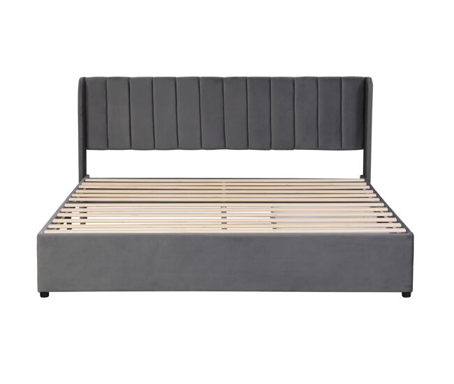 Cama tapizada 180x200 cm - con somier, respaldo y 2 cajones - gris