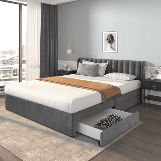 Cama estofada 180x200 cm - Com estrado, encosto e 2 gavetas - Cinza