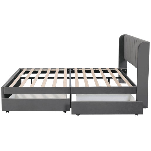 Cama estofada 180x200 cm - Com estrado, encosto e 2 gavetas - Cinza