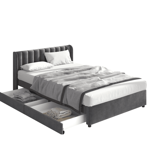 Cama estofada 180x200 cm - Com estrado, encosto e 2 gavetas - Cinza