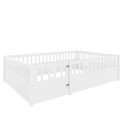 Cama infantil 140x190 cm - Com grades, decoração de estrelas e lua, sem estrado - Branco