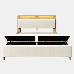 Cama de casal 140x200 cm - Com banco de arrumação, cabeceira com iluminação LED e encosto em cordão bege - Madeira clara