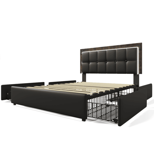 Cama estofada 140x200 - Cabeceira ajustável, 4 gavetas, iluminação LED - Preto