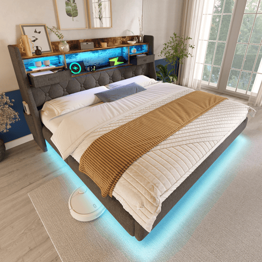 Cama Polsterbett 180x200 cm - Com LED, Cabeceira com Estação de Carregamento - Cinza