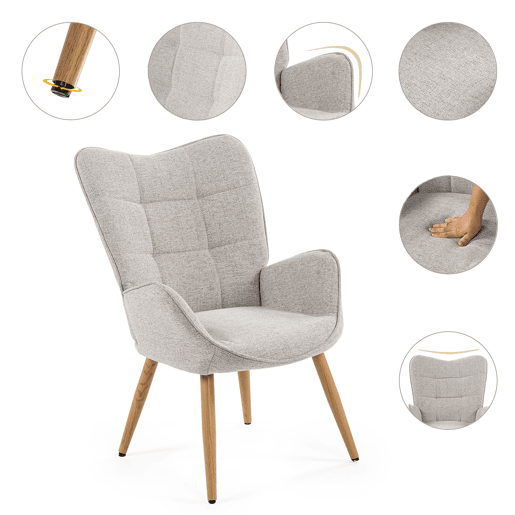 Poltrona Relax Estofada Em Tecido Cinza Claro Estilo Escandinavo Com Pernas De Madeira Maciça, Encosto Alto E Assento Acolchoado Macio, Cadeira Para Sala Jantar Quarto Capacidade 120Kg