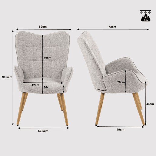 Poltrona Relax Estofada Em Tecido Cinza Claro Estilo Escandinavo Com Pernas De Madeira Maciça, Encosto Alto E Assento Acolchoado Macio, Cadeira Para Sala Jantar Quarto Capacidade 120Kg