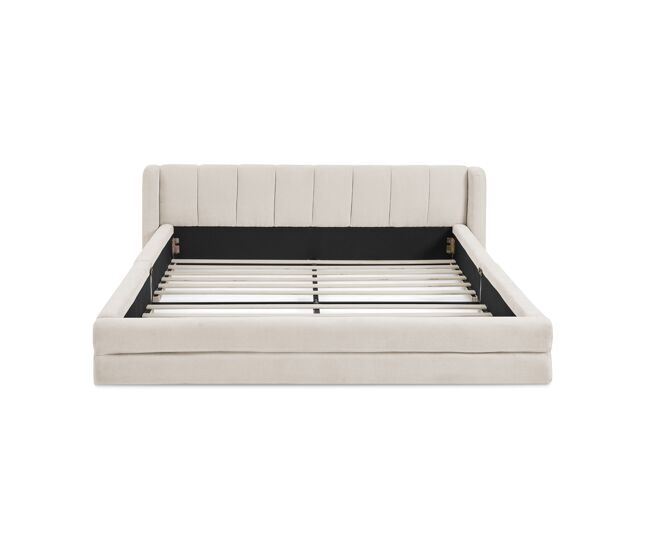 Cama doble 140x200 cm - chenilla, respaldo cómodo, estructura de eucalipto y hierro, fácil de montar - beige