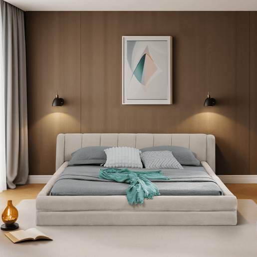 Cama de casal 140x200 cm - Chenille, encosto confortável, estrutura em eucalipto e ferro, fácil de montar - Bege