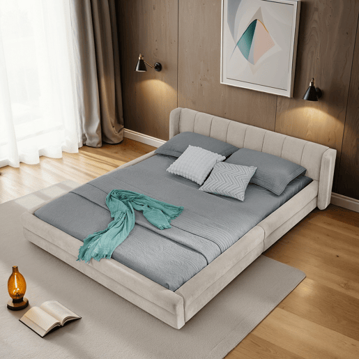 Cama de casal 140x200 cm - Chenille, encosto confortável, estrutura em eucalipto e ferro, fácil de montar - Bege