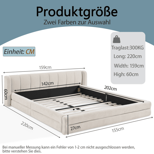 Cama de casal 140x200 cm - Chenille, encosto confortável, estrutura em eucalipto e ferro, fácil de montar - Bege