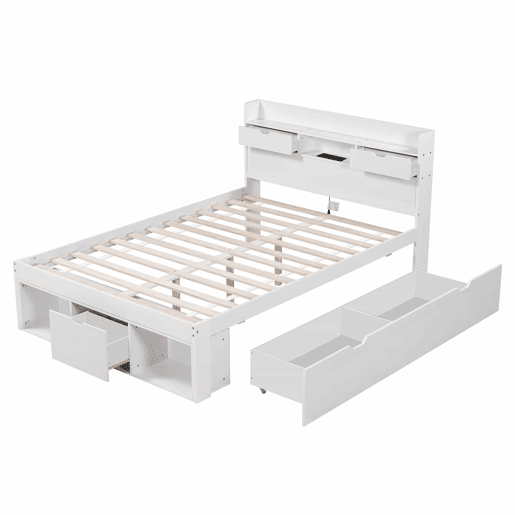Cama de casal 140x200 - Multifuncional com USB, gavetas e armário, grande capacidade de arrumação - Branco Cama de casal 140x200 - Multifuncional com USB, gavetas e armário, grande capacidade de arrumação - Branco