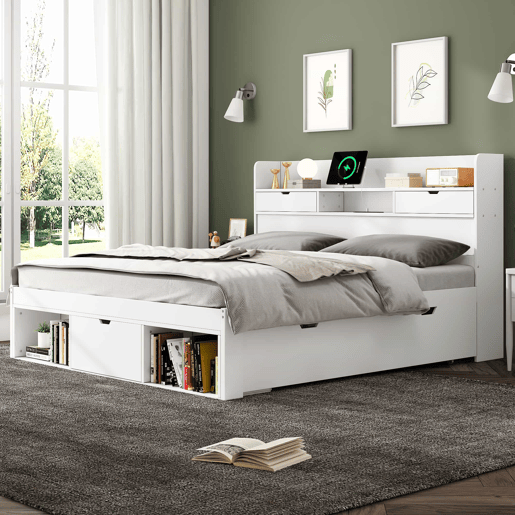 Cama de casal 140x200 - Multifuncional com USB, gavetas e armário, grande capacidade de arrumação - Branco Cama de casal 140x200 - Multifuncional com USB, gavetas e armário, grande capacidade de arrumação - Branco