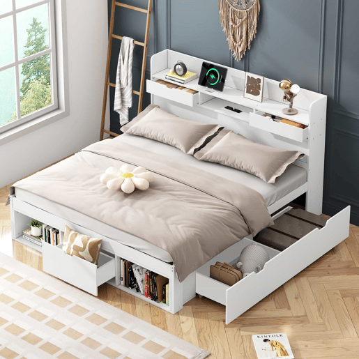 Cama de casal 140x200 - Multifuncional com USB, gavetas e armário, grande capacidade de arrumação - Branco Cama de casal 140x200 - Multifuncional com USB, gavetas e armário, grande capacidade de arrumação - Branco