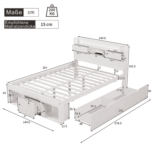 Cama de casal 140x200 - Multifuncional com USB, gavetas e armário, grande capacidade de arrumação - Branco Cama de casal 140x200 - Multifuncional com USB, gavetas e armário, grande capacidade de arrumação - Branco