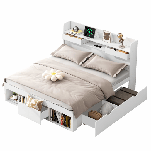 Cama de casal 140x200 - Multifuncional com USB, gavetas e armário, grande capacidade de arrumação - Branco Cama de casal 140x200 - Multifuncional com USB, gavetas e armário, grande capacidade de arrumação - Branco