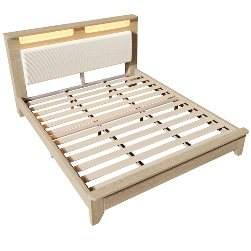 Cama de casal 180x200 cm - Cabeceira com arrumação, iluminação LED, encosto em veludo bege - Carvalho claro
