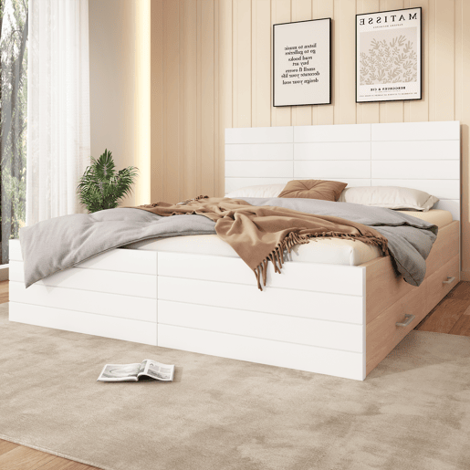 Cama de casal 160x200cm - Cama moderna com 2 gavetas, estrutura em madeira e estrado - CarvalhoBranco