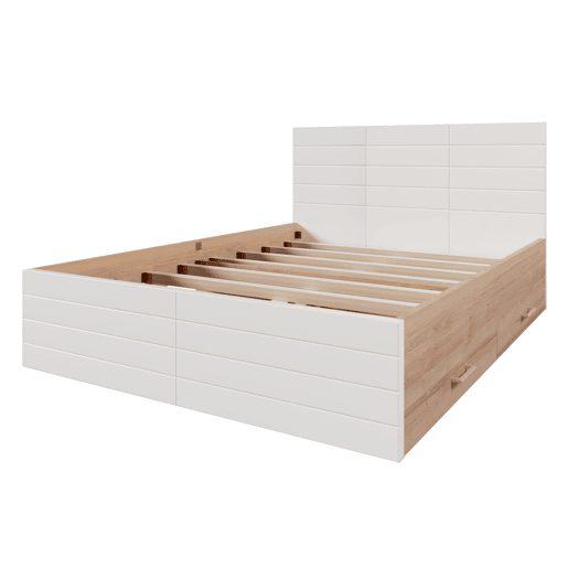 Cama de casal 160x200cm - Cama moderna com 2 gavetas, estrutura em madeira e estrado - CarvalhoBranco