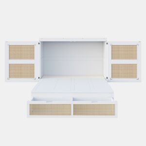 Cama rebatível 140x200 cm - Com estrado, vertical, com gavetas de arrumação, design em rattan - Branco