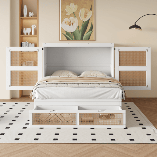 Cama rebatível 140x200 cm - Com estrado, vertical, com gavetas de arrumação, design em rattan - Branco
