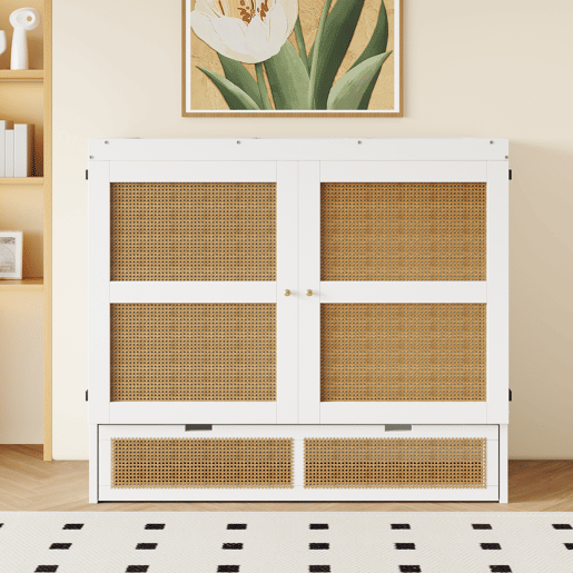 Cama rebatível 140x200 cm - Com estrado, vertical, com gavetas de arrumação, design em rattan - Branco