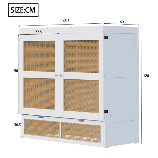 Cama rebatível 140x200 cm - Com estrado, vertical, com gavetas de arrumação, design em rattan - Branco