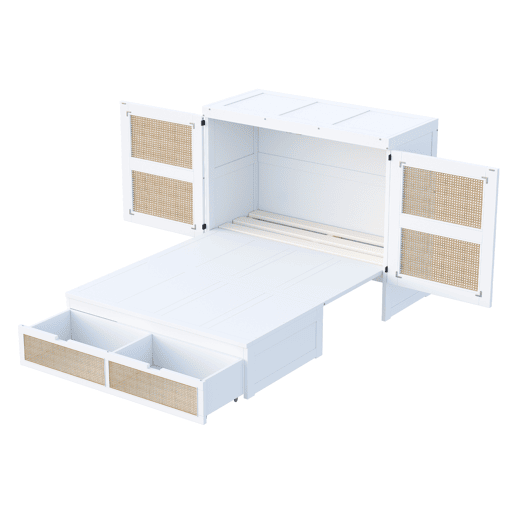 Cama rebatível 140x200 cm - Com estrado, vertical, com gavetas de arrumação, design em rattan - Branco