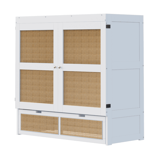 Cama rebatível 140x200 cm - Com estrado, vertical, com gavetas de arrumação, design em rattan - Branco