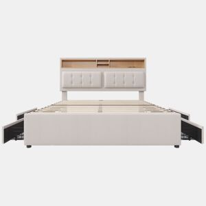 Cama estofada 140x200cm - Com 4 gavetas, tomada USB C, cabeceira ajustável, estrado de madeira (com colchão) - Bege