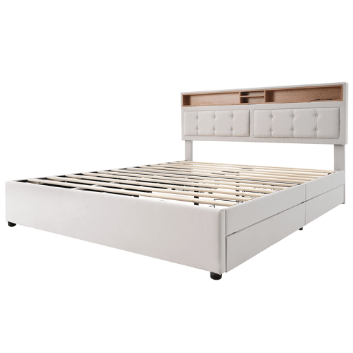 Cama estofada 140x200cm - Com 4 gavetas, tomada USB C, cabeceira ajustável, estrado de madeira (com colchão) - Bege