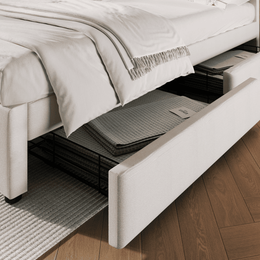 Cama estofada 140x200cm - Com 4 gavetas, tomada USB C, cabeceira ajustável, estrado de madeira (com colchão) - Bege