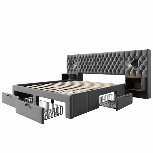 Cama estofada 180x200 cm - Com 2 mesas de cabeceira e 4 gavetas, cabeceira com luz de leitura e porta USB - Cinza