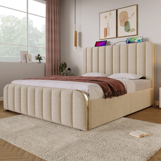 Cama de casal estofada 160x200 - cabeceira acolchoada com tiras douradas e carregador USB Tipo-C, 4 gavetas - Bege
