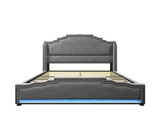 Cama polsterbett 140x200 - cama doble con 4 cajones, iluminación led, puerto usb-c, cama juvenil con somier - gris