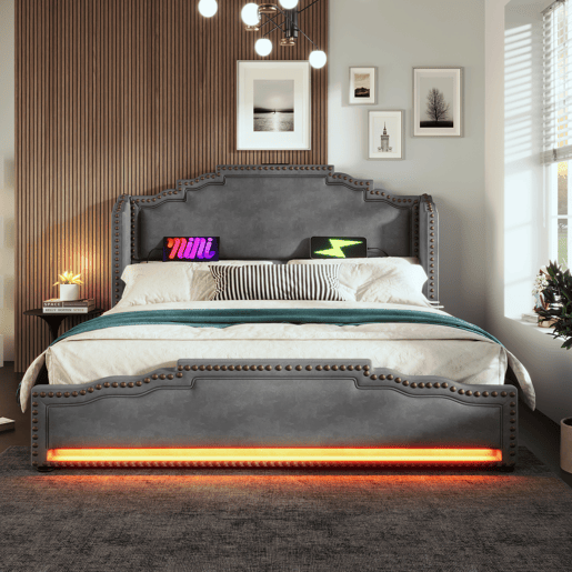 Cama Polsterbett 140x200 - Cama de casal com 4 gavetas, iluminação LED, porta USB-C, cama juvenil com estrado - Cinza Cama Polsterbett 140x200 - Cama de casal com 4 gavetas, iluminação LED, porta USB-C, cama juvenil com estrado - Cinza