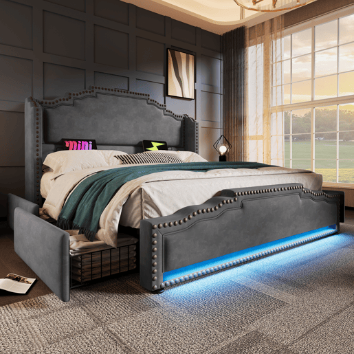 Cama Polsterbett 140x200 - Cama de casal com 4 gavetas, iluminação LED, porta USB-C, cama juvenil com estrado - Cinza Cama Polsterbett 140x200 - Cama de casal com 4 gavetas, iluminação LED, porta USB-C, cama juvenil com estrado - Cinza