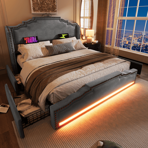 Cama Polsterbett 140x200 - Cama de casal com 4 gavetas, iluminação LED, porta USB-C, cama juvenil com estrado - Cinza Cama Polsterbett 140x200 - Cama de casal com 4 gavetas, iluminação LED, porta USB-C, cama juvenil com estrado - Cinza