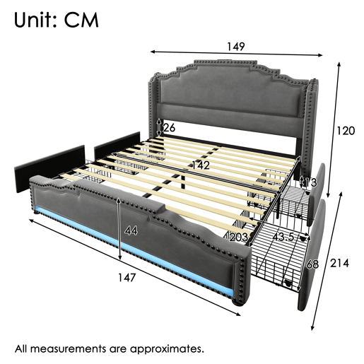 Cama Polsterbett 140x200 - Cama de casal com 4 gavetas, iluminação LED, porta USB-C, cama juvenil com estrado - Cinza Cama Polsterbett 140x200 - Cama de casal com 4 gavetas, iluminação LED, porta USB-C, cama juvenil com estrado - Cinza