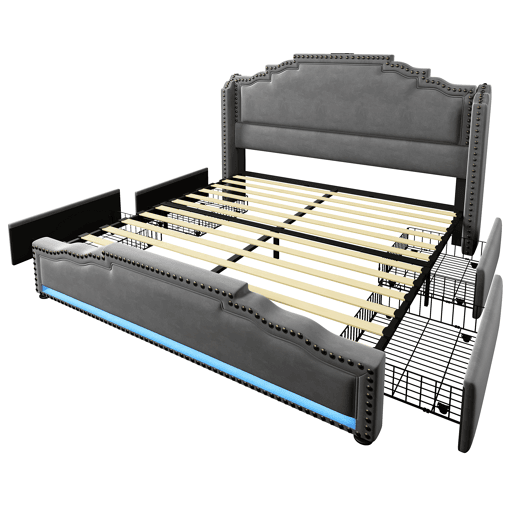 Cama Polsterbett 140x200 - Cama de casal com 4 gavetas, iluminação LED, porta USB-C, cama juvenil com estrado - Cinza Cama Polsterbett 140x200 - Cama de casal com 4 gavetas, iluminação LED, porta USB-C, cama juvenil com estrado - Cinza