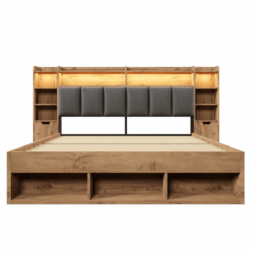 Cama de casal com dimensões 180x200 cm - cabeceira estofada com iluminação LED, mesas de cabeceira com portas USB e Type-C, arrumação com gavetas, base de ripas de madeira - carvalho
