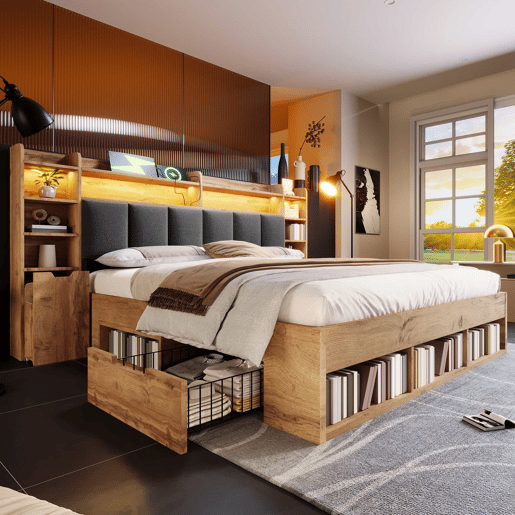 Cama de casal com dimensões 180x200 cm - cabeceira estofada com iluminação LED, mesas de cabeceira com portas USB e Type-C, arrumação com gavetas, base de ripas de madeira - carvalho