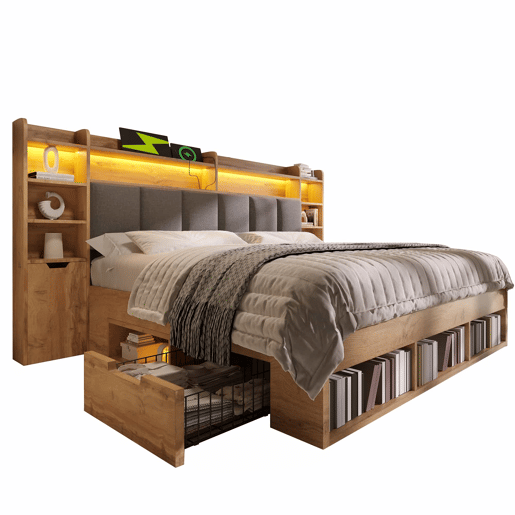 Cama de casal com dimensões 180x200 cm - cabeceira estofada com iluminação LED, mesas de cabeceira com portas USB e Type-C, arrumação com gavetas, base de ripas de madeira - carvalho