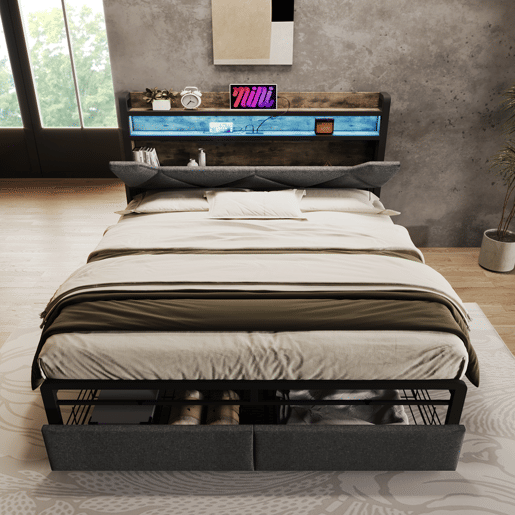 Cama de casal 160x200cm - Cabeceira com compartimento de armazenamento com carregador USB tipo C, iluminação LED e gavetas - Cinza