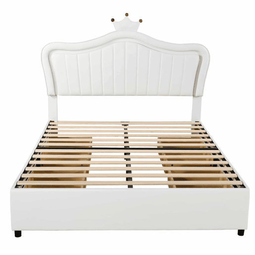 Cama infantil 140x200 cm - Cama individual com design de coroa para meninas, PU, com arrumação, luzes LED, estrado e encosto - Branco