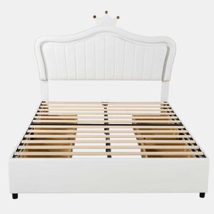 Cama infantil 140x200 cm - Cama individual com design de coroa para meninas, PU, com arrumação, luzes LED, estrado e encosto - Branco